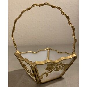 Vintage Iridescent Stained Glass Basket Carnival Glass Gold Trim Handle Trinket